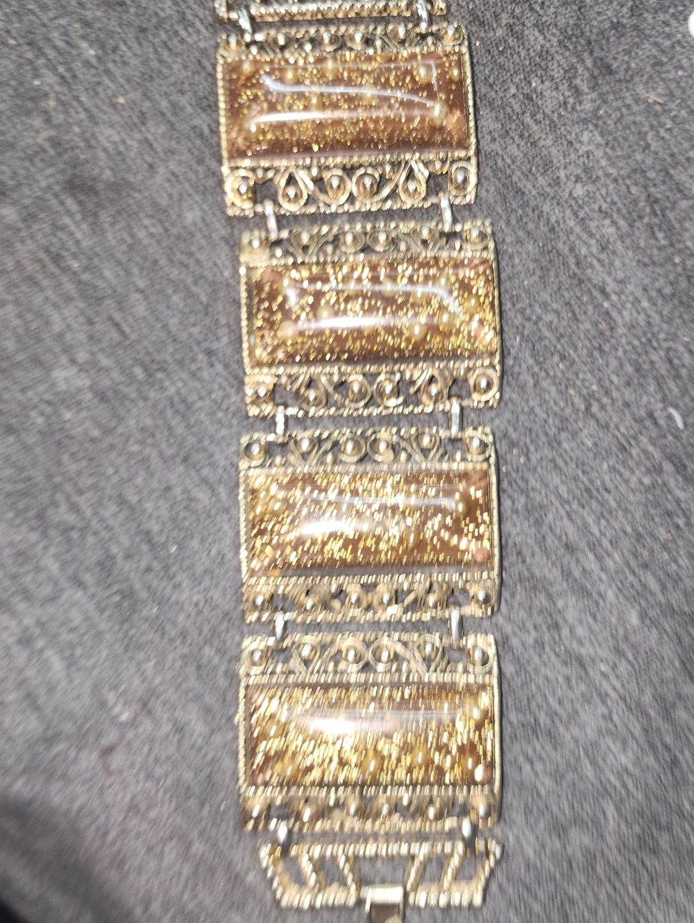 Vintage Mid Century Gold Confetti Resin Filigree Panel Bracelet Selro Style